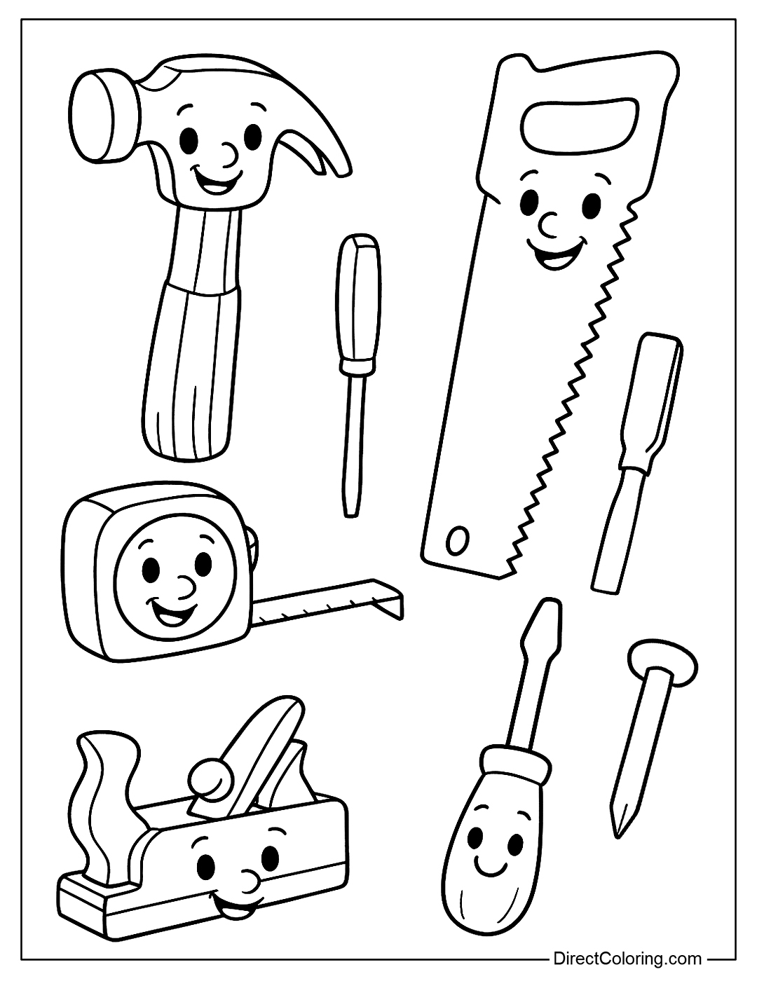 Coloring page of carpentry tools with funny faces such as hammers, saws, and planes.